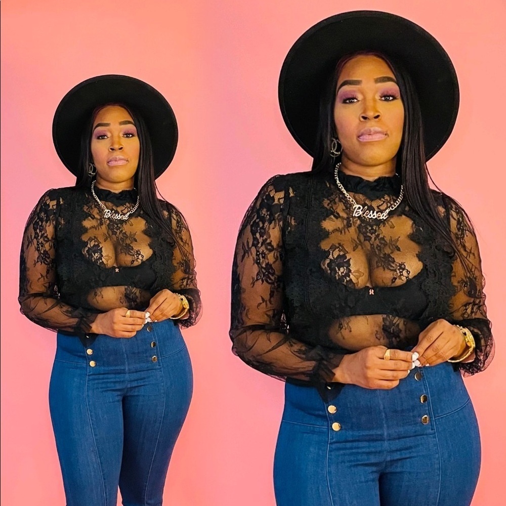 Black Sheer Mesh Floral Lace Sheer Long Sleeve Peplum Blouse